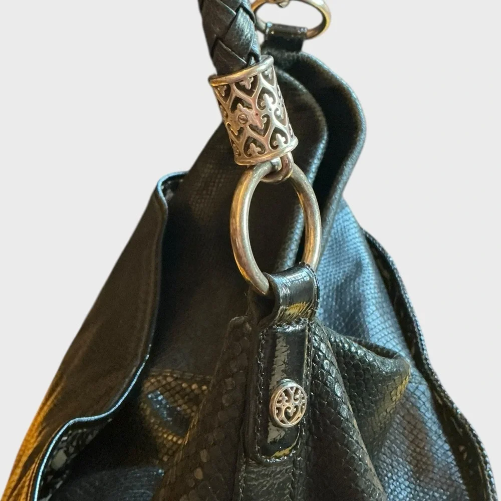 Brighton Black Leather Hobo Bag Snakeskin Embossed Silver Heart